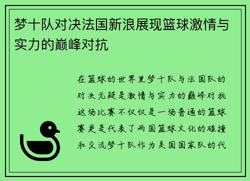 梦十队对决法国新浪展现篮球激情与实力的巅峰对抗
