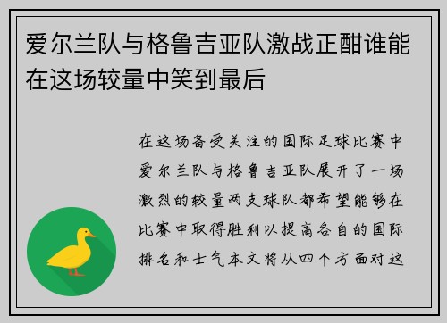 爱尔兰队与格鲁吉亚队激战正酣谁能在这场较量中笑到最后